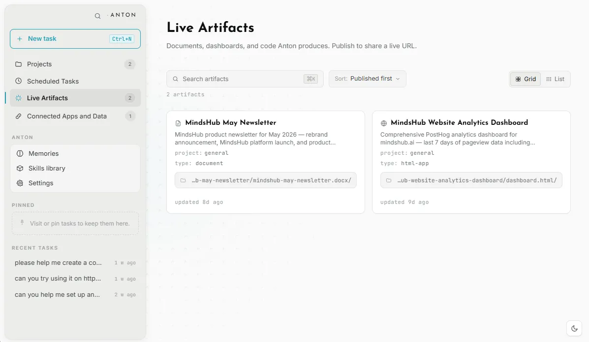 CoWork Live Artifacts — documents, dashboards, and apps the agent produced, each publishable to a live URL.