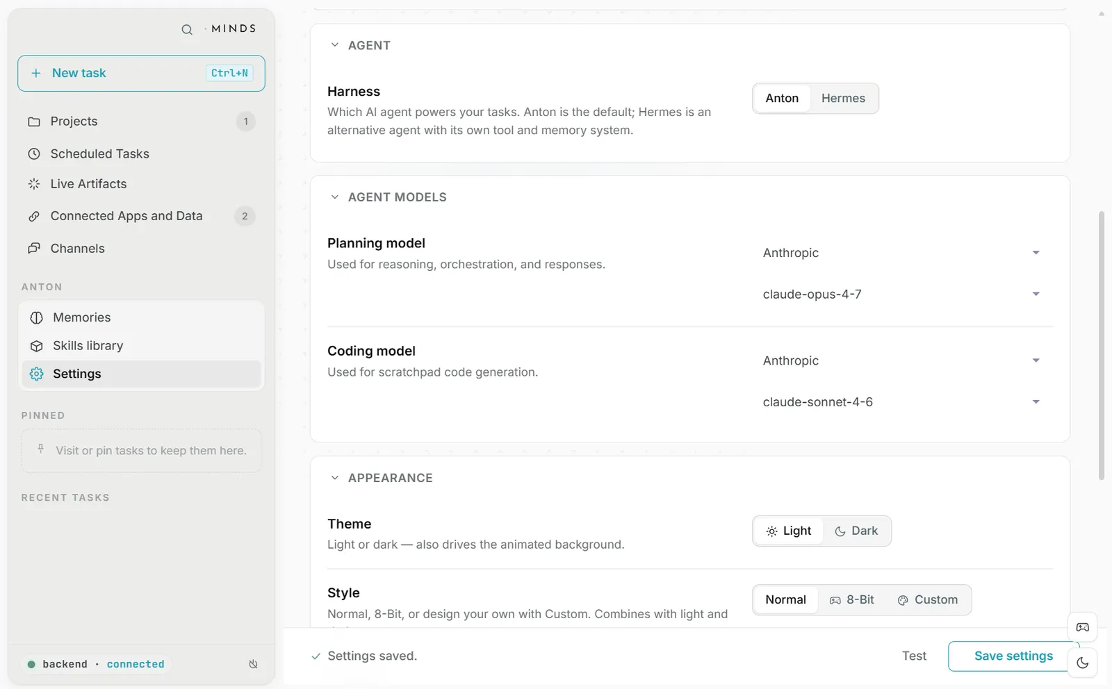 Cowork agent-harness selector — choosing the open-source agent harness (such as Anton or Hermes) that runs your work.