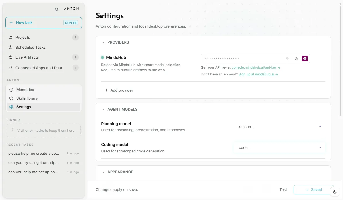 CoWork settings — provider configuration and separate planning and coding model selectors.
