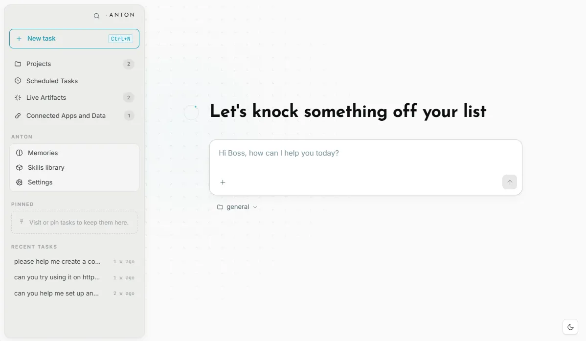 The CoWork workspace — a sidebar of projects, scheduled tasks, live artifacts, connected data, memories, and skills, with a task composer in the center.
